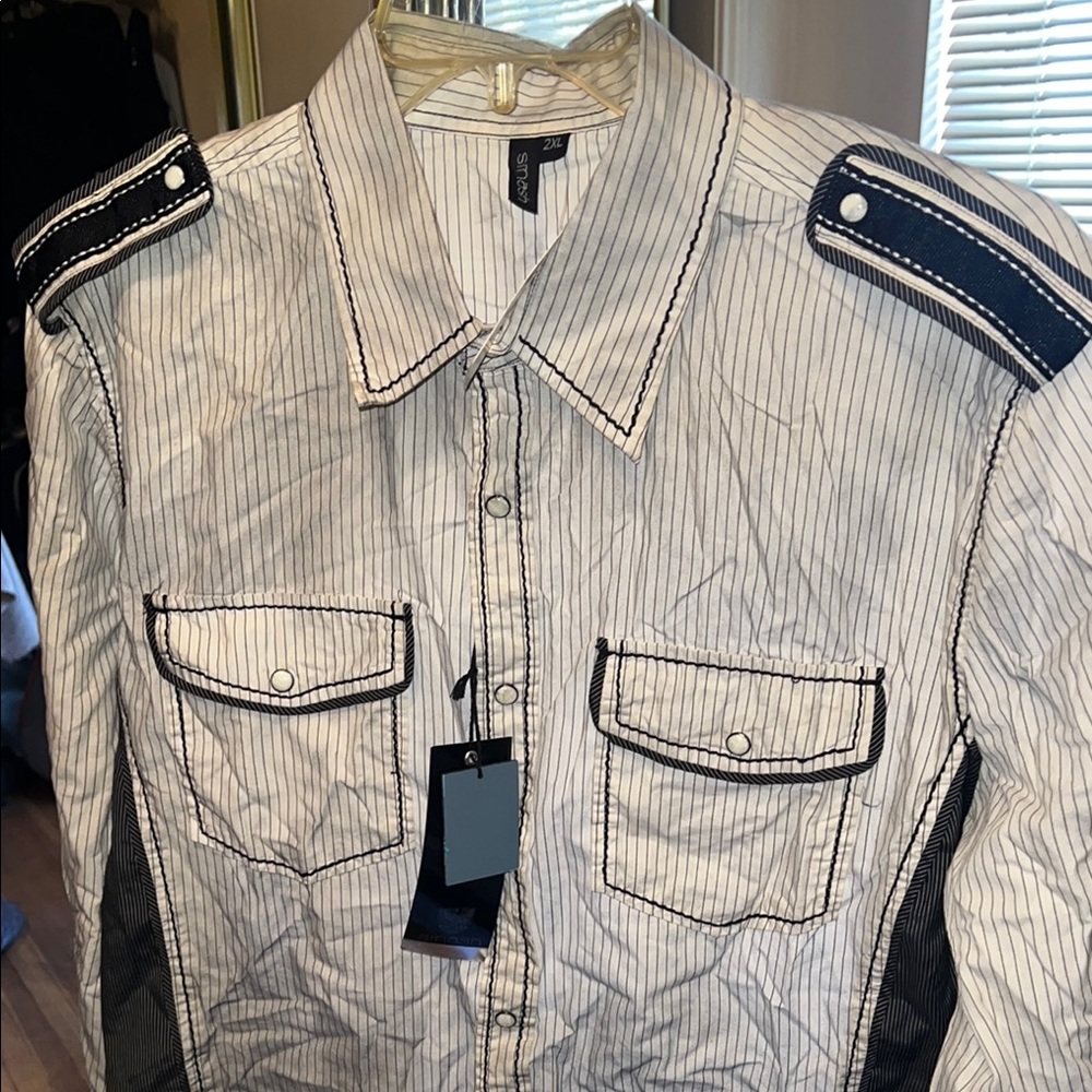 Striped Button-Up Shirt with Epaulettes